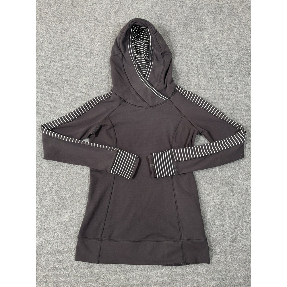 Lululemon Think Fast Hoodie Women's 6 Black White Stripe Rulu Running Pullover